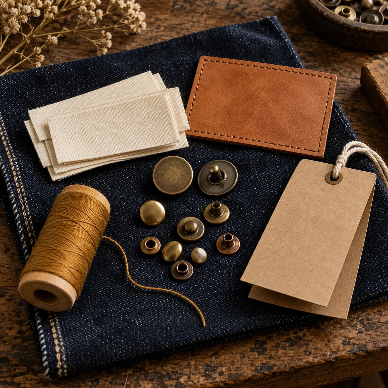 Illustration of unbranded denim hardware, labels and trim options