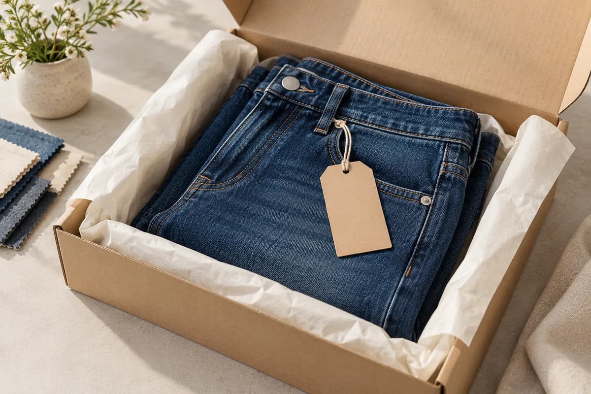 Illustration of a denim sample being prepared for dispatch