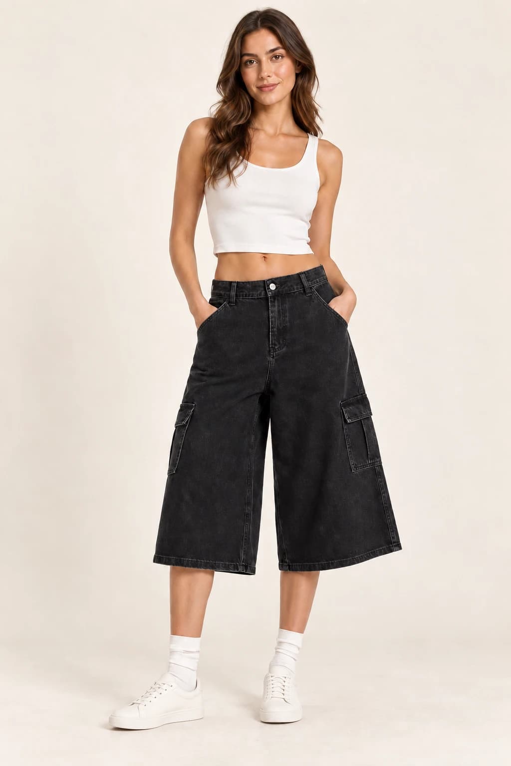 Women's Black Cargo Bermuda Shorts · AI custom design visualization