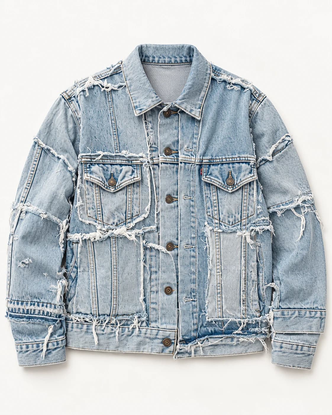 Light Blue Frayed Panel Denim Jacket · AI custom design visualization