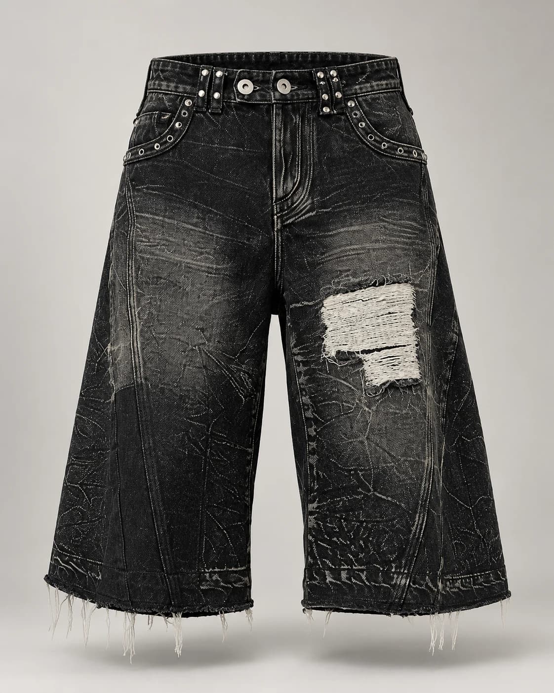 Black Heavy Wash Distressed Shorts · AI custom design visualization