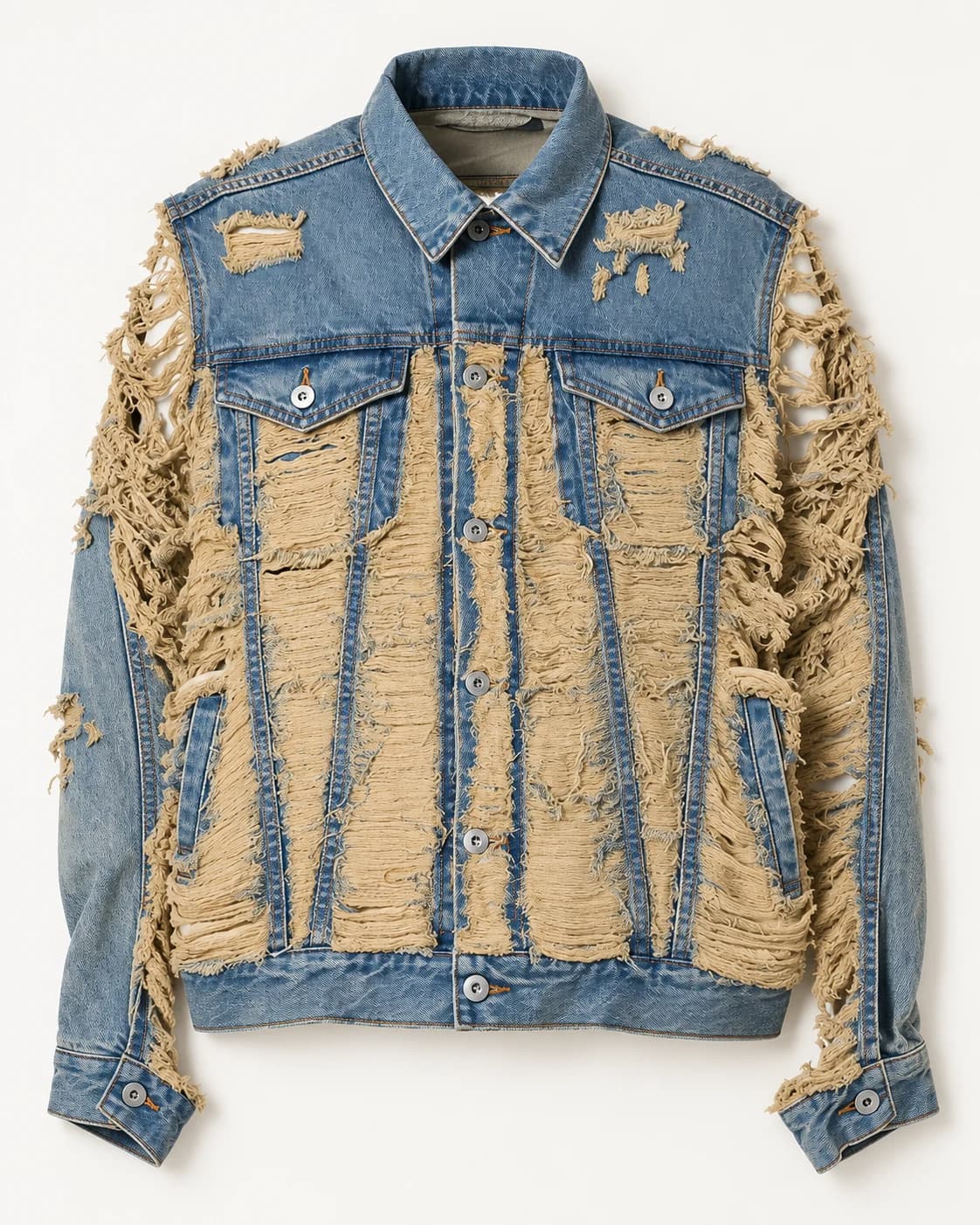 Blue Beige Shredded Denim Jacket · AI custom design visualization