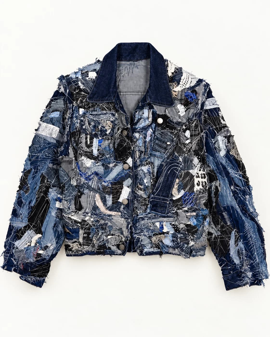 Dark Blue Reconstructed Scrap Denim Jacket · AI custom design visualization