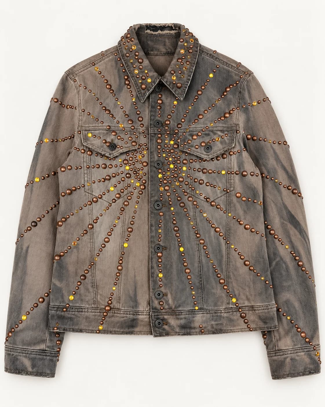 Taupe Radial Stud Denim Jacket · AI custom design visualization