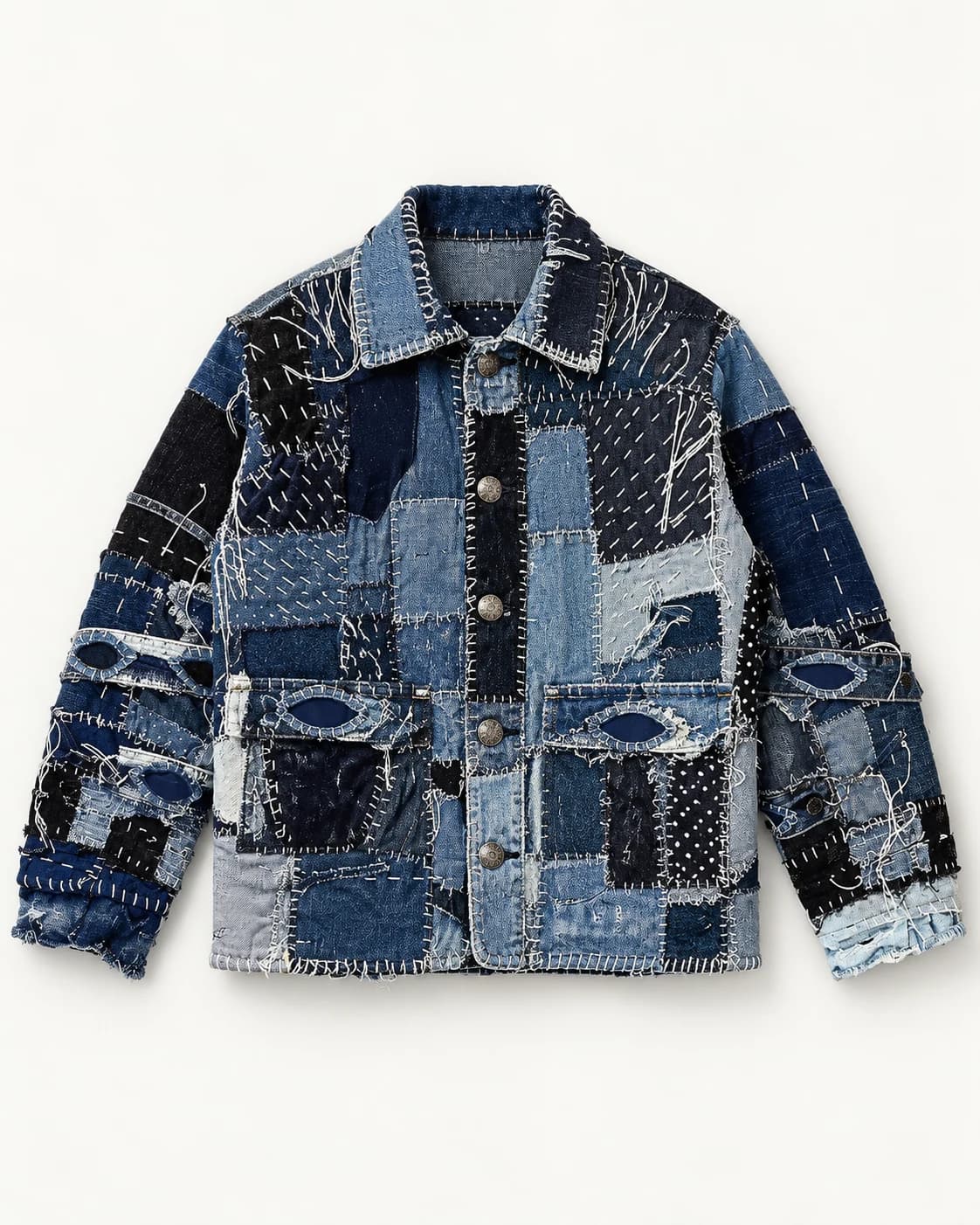 Blue Skull Boro Patchwork Denim Jacket · AI custom design visualization