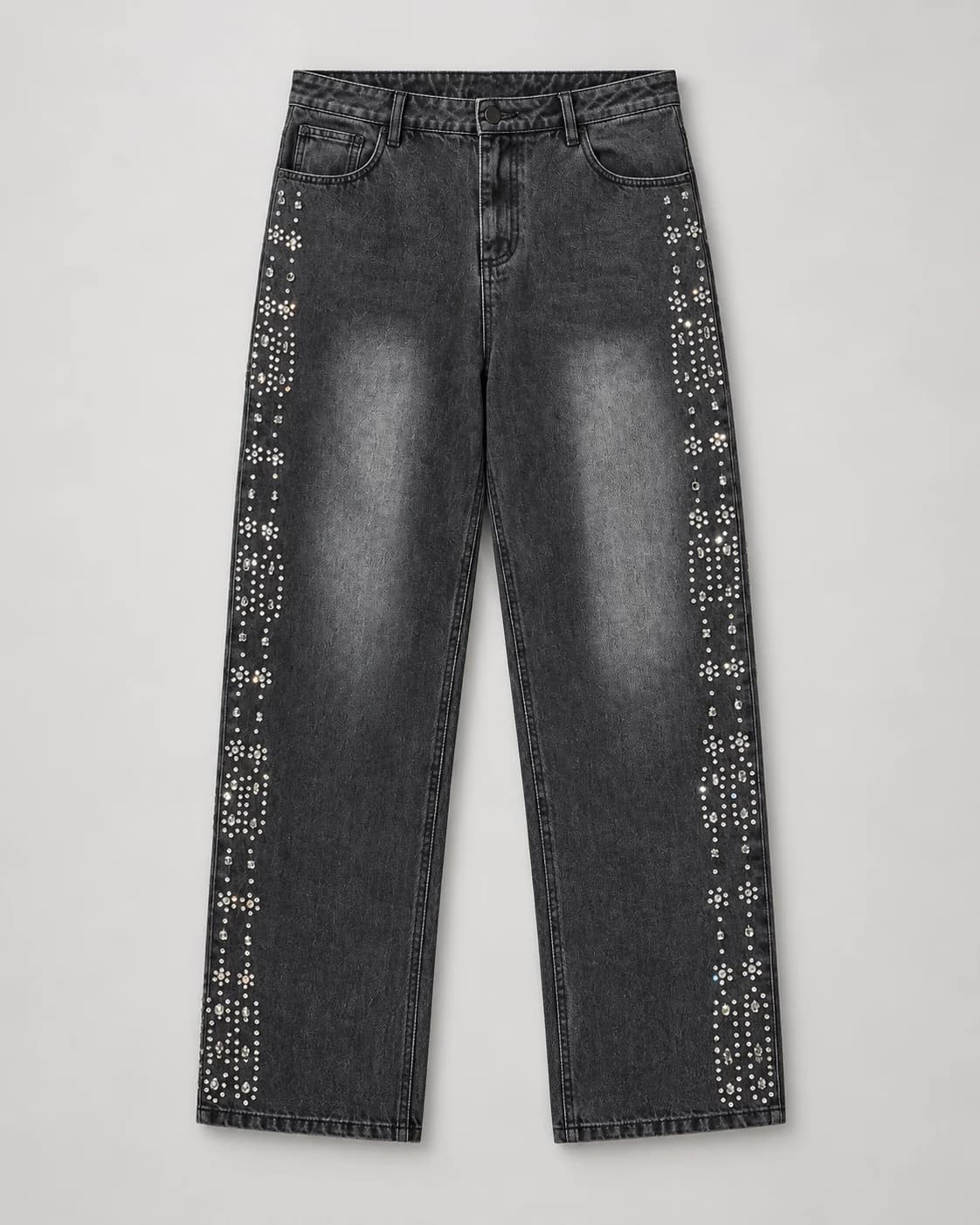 Charcoal Stud-Detail Wide-Leg Jeans · AI custom design visualization