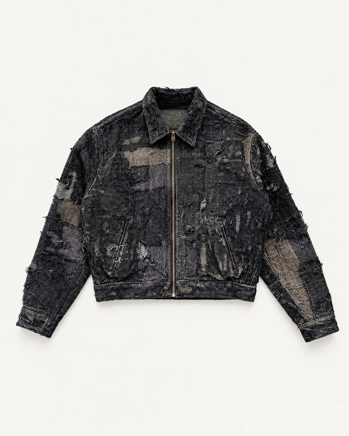 Black Grey Distressed Patchwork Zip Jacket · AI custom design visualization