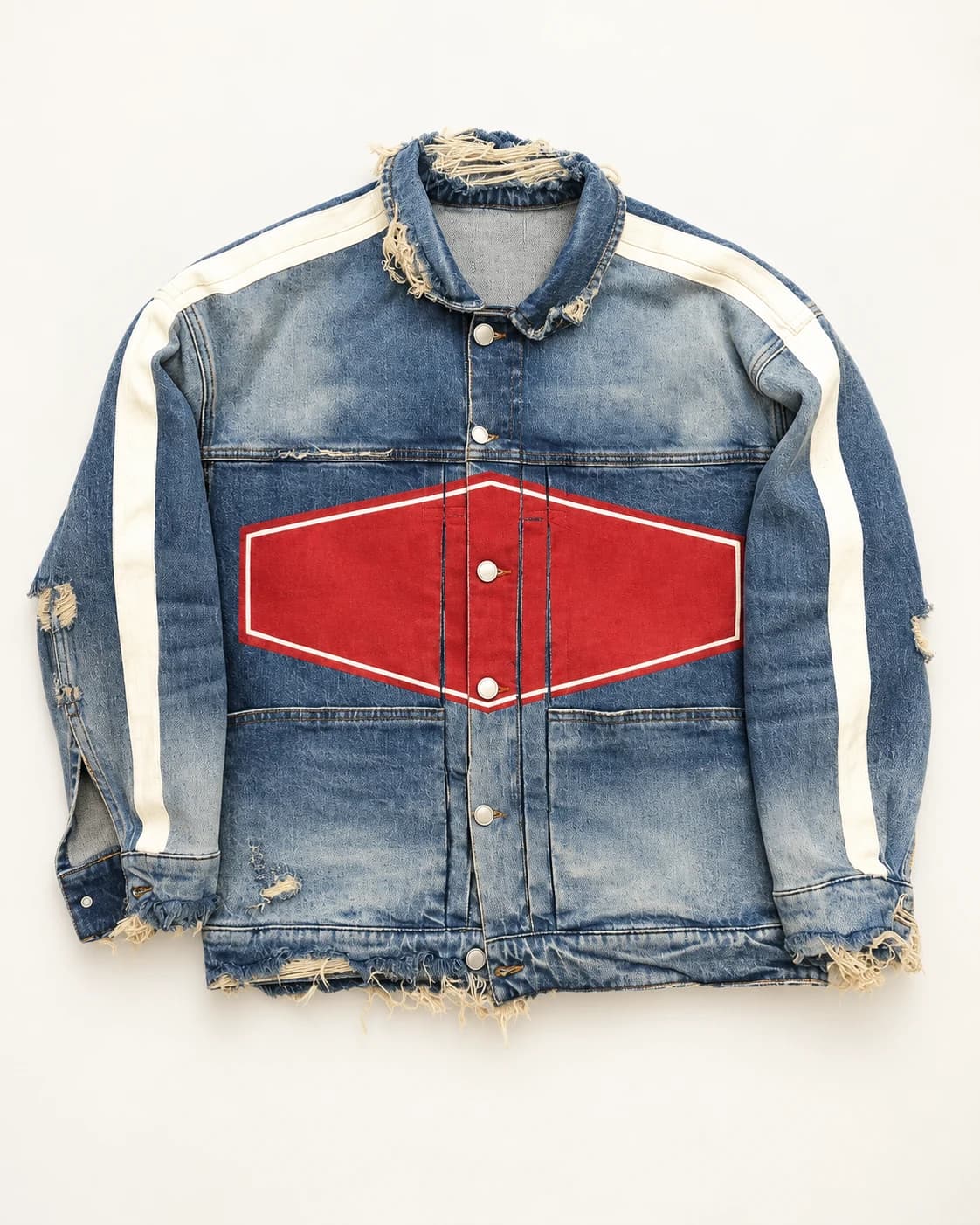Blue Graphic Distressed Denim Jacket · AI custom design visualization