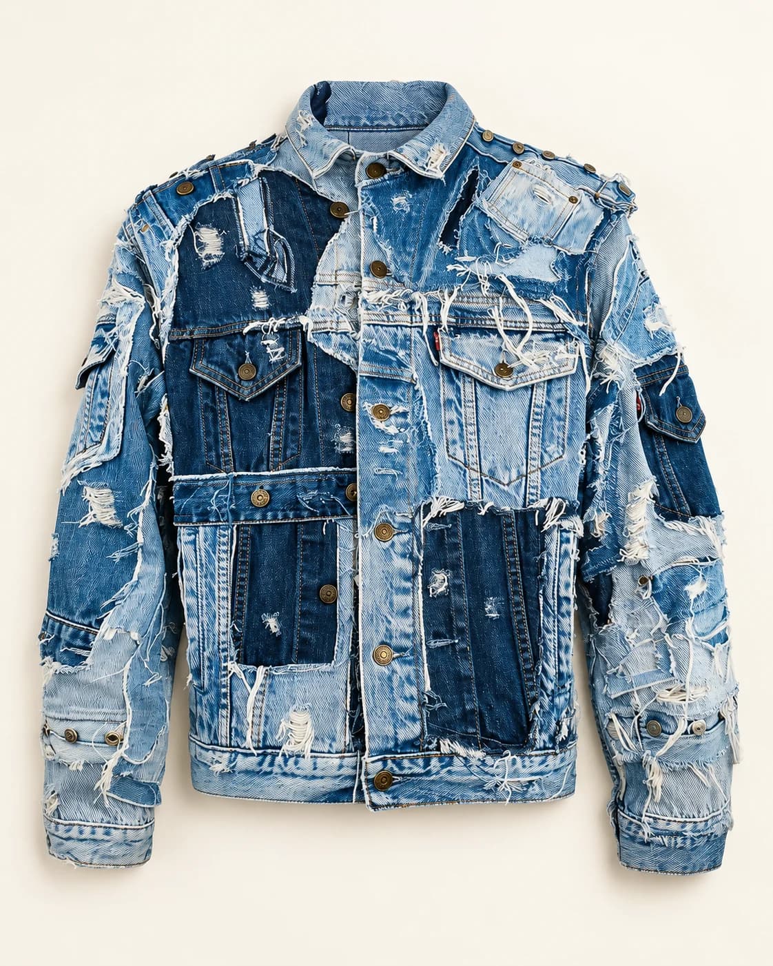Blue Multi-Pocket Distressed Patchwork Jacket · AI custom design visualization