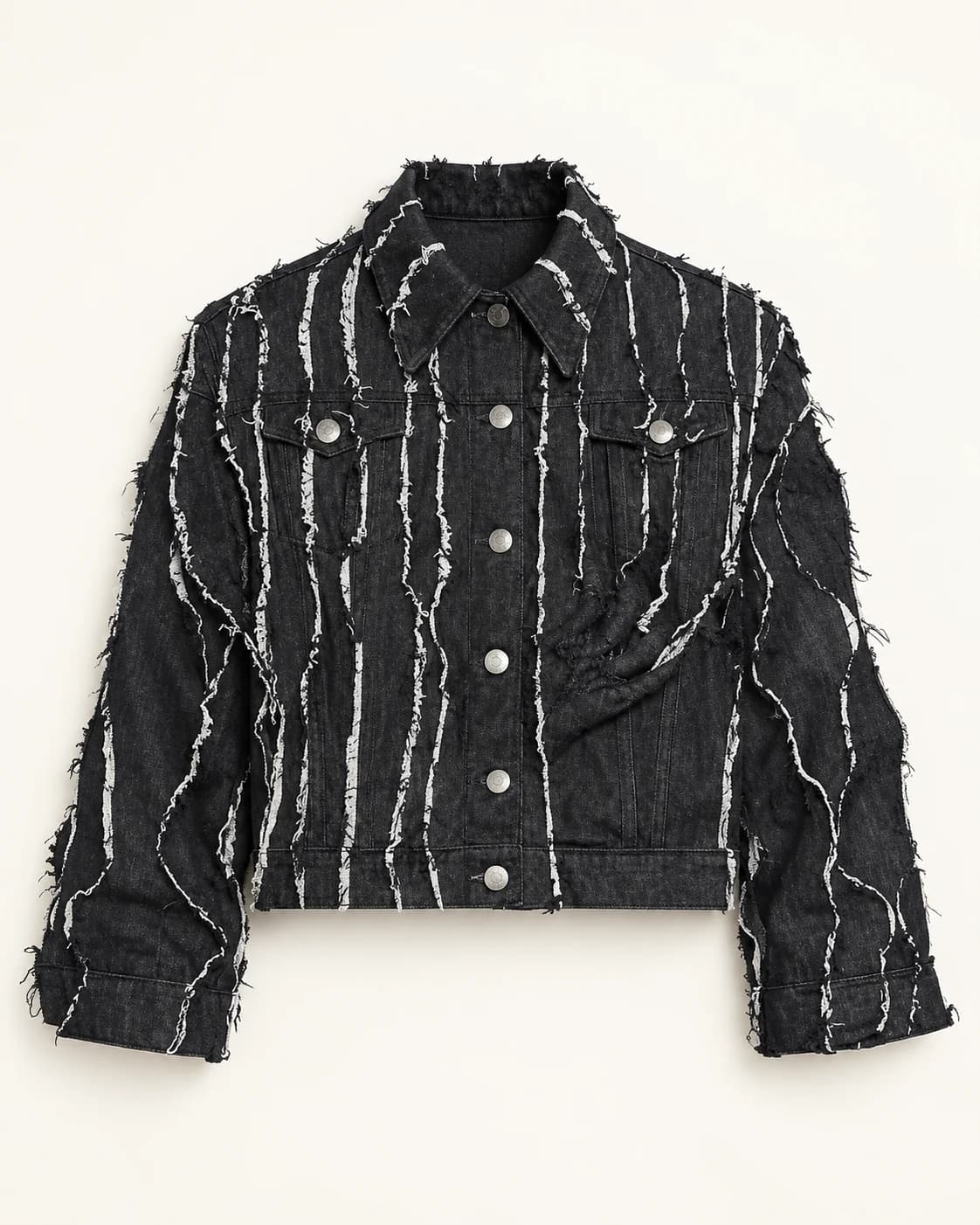 Black Vertical Frayed Stripe Denim Jacket · AI custom design visualization