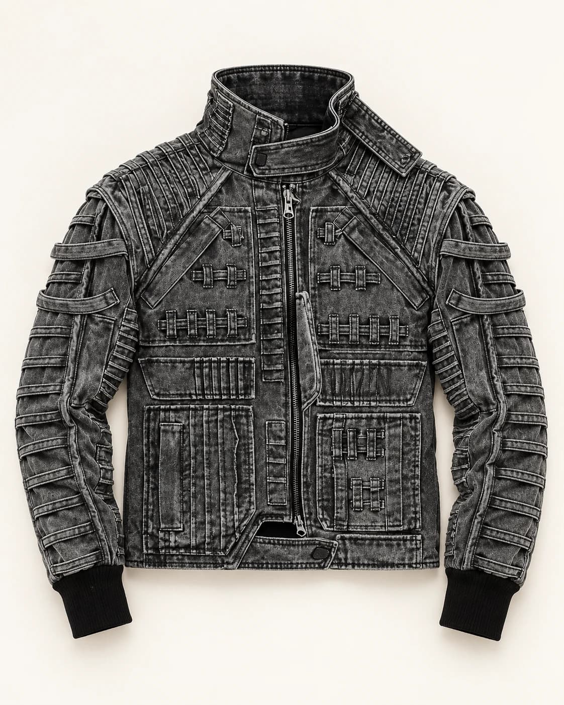 Charcoal High-Collar Utility Denim Jacket · AI custom design visualization