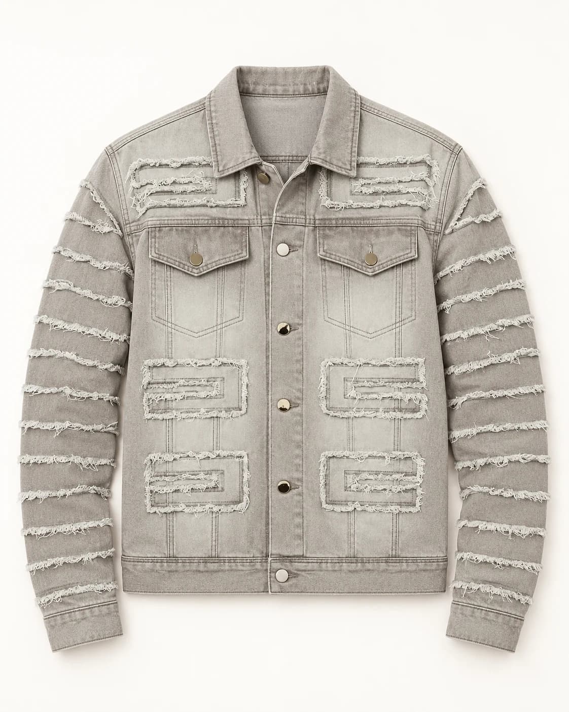 Sand Grey Geometric Frayed Denim Jacket · AI custom design visualization