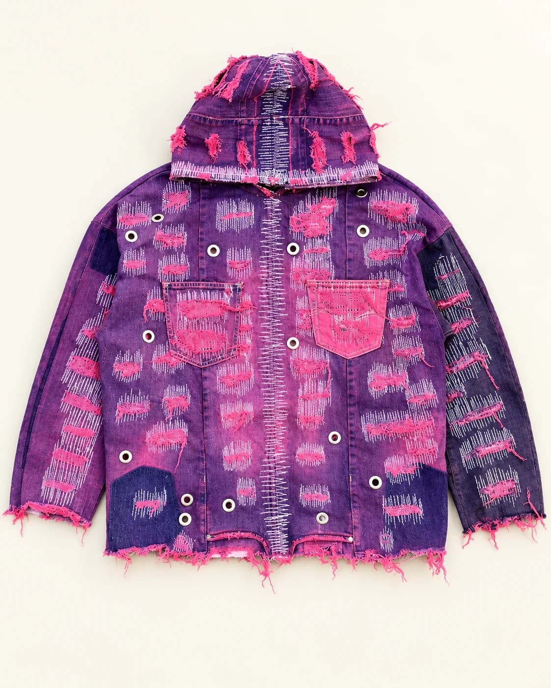 Purple Pink Distressed Denim Hoodie Jacket · AI custom design visualization