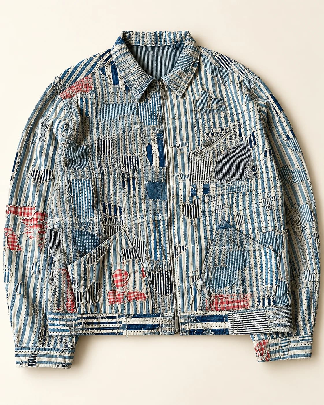 Striped Boro Patchwork Denim Jacket · AI custom design visualization