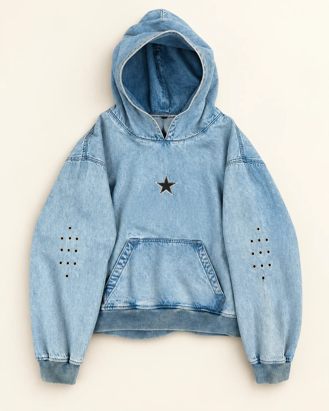 Light Blue Star Detail Denim Hoodie · AI custom design visualization
