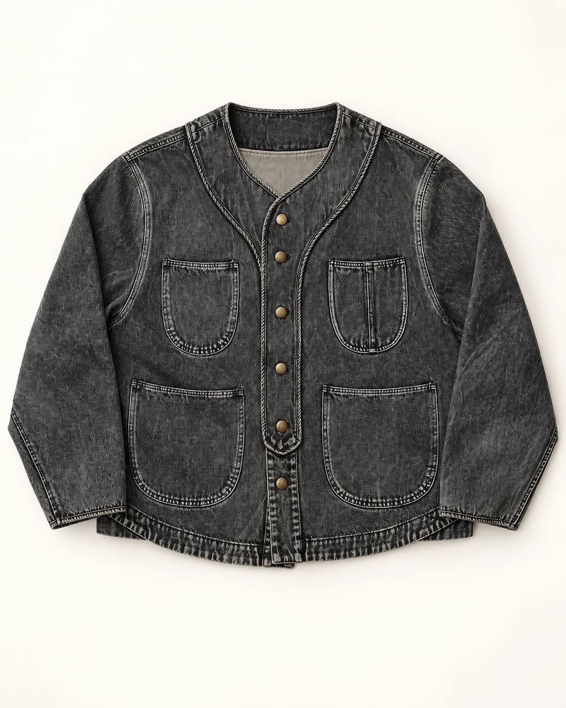Charcoal Collarless Four-Pocket Denim Jacket · AI custom design visualization