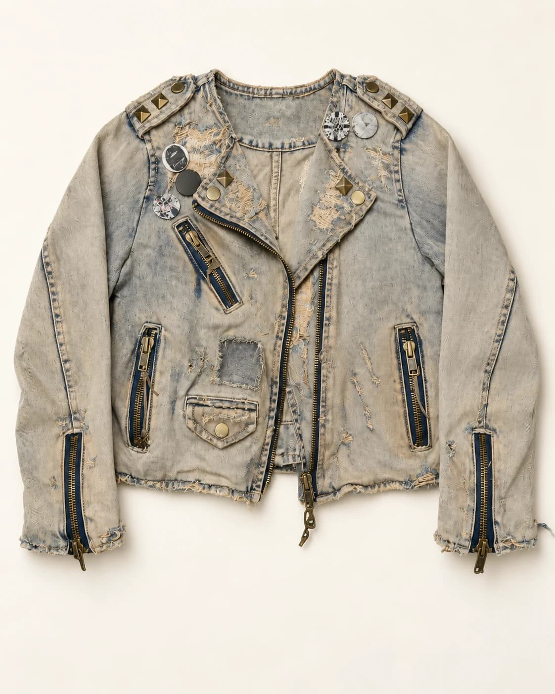 Sand Grey Studded Denim Biker Jacket · AI custom design visualization