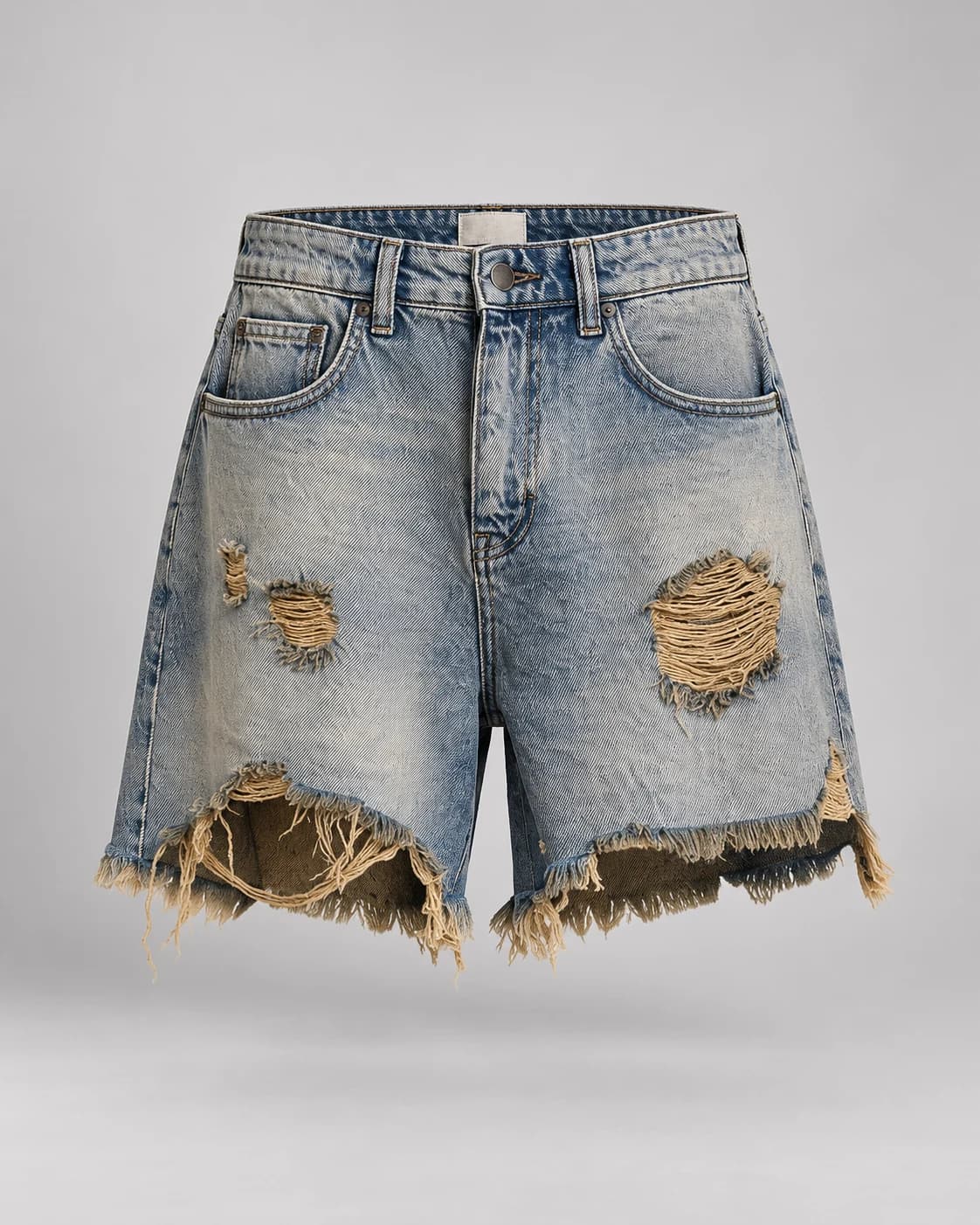 Vintage Blue Raw Edge Ripped Shorts · AI custom design visualization