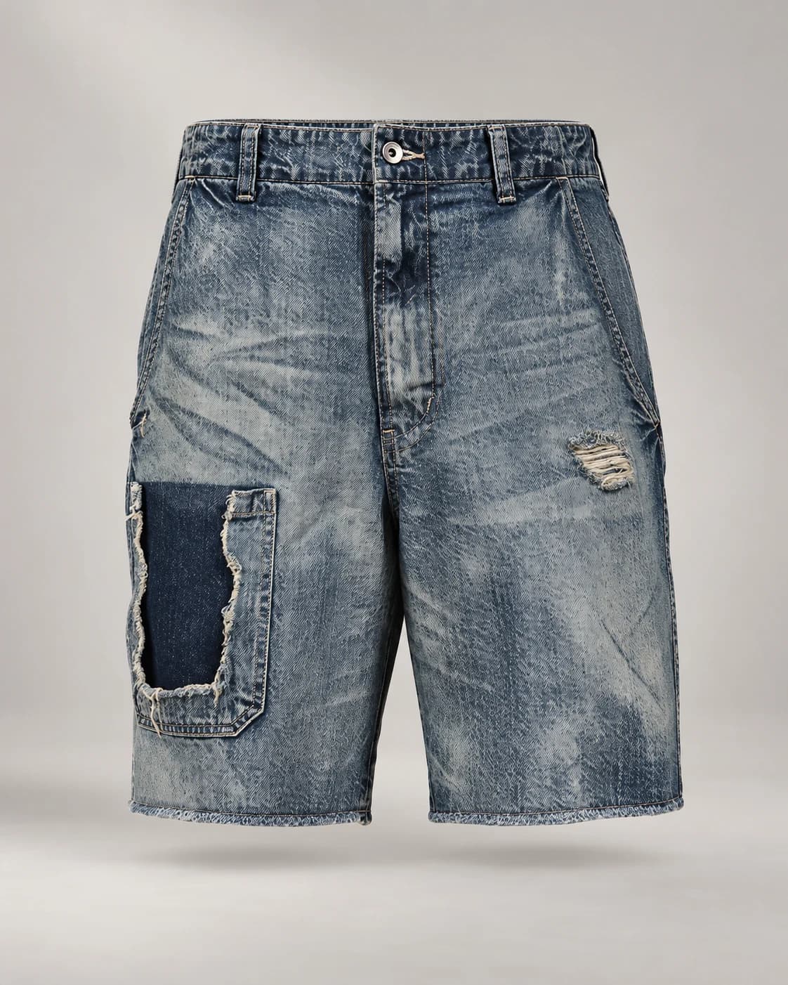 Vintage Blue Repair Patch Shorts · AI custom design visualization