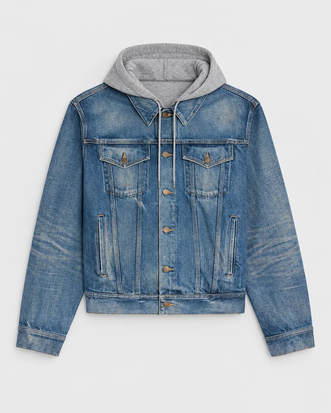 Denim Trucker Jacket with Grey Hood · AI custom design visualization