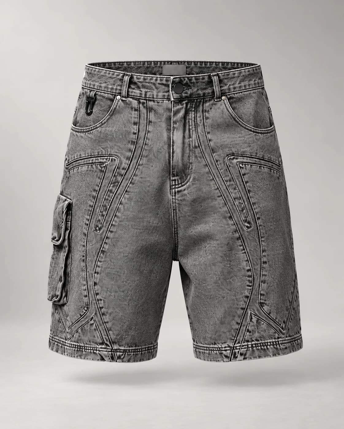 Washed Grey Panel Cargo Shorts · AI custom design visualization
