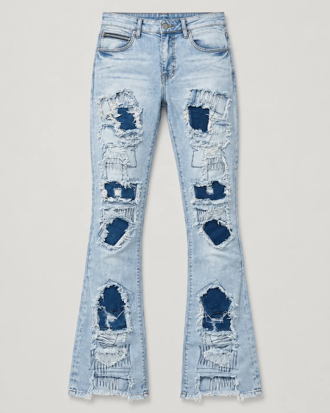 Light Wash Distressed Patch Flared Jeans · AI custom design visualization