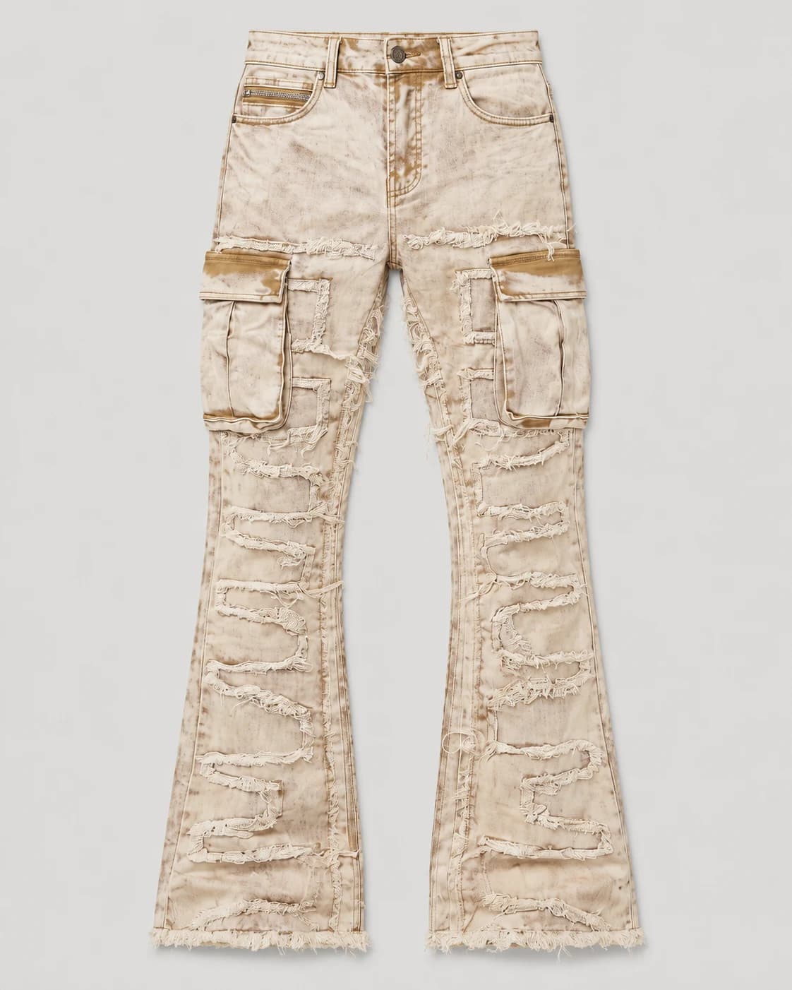 Beige Distressed Cargo Flared Jeans · AI custom design visualization