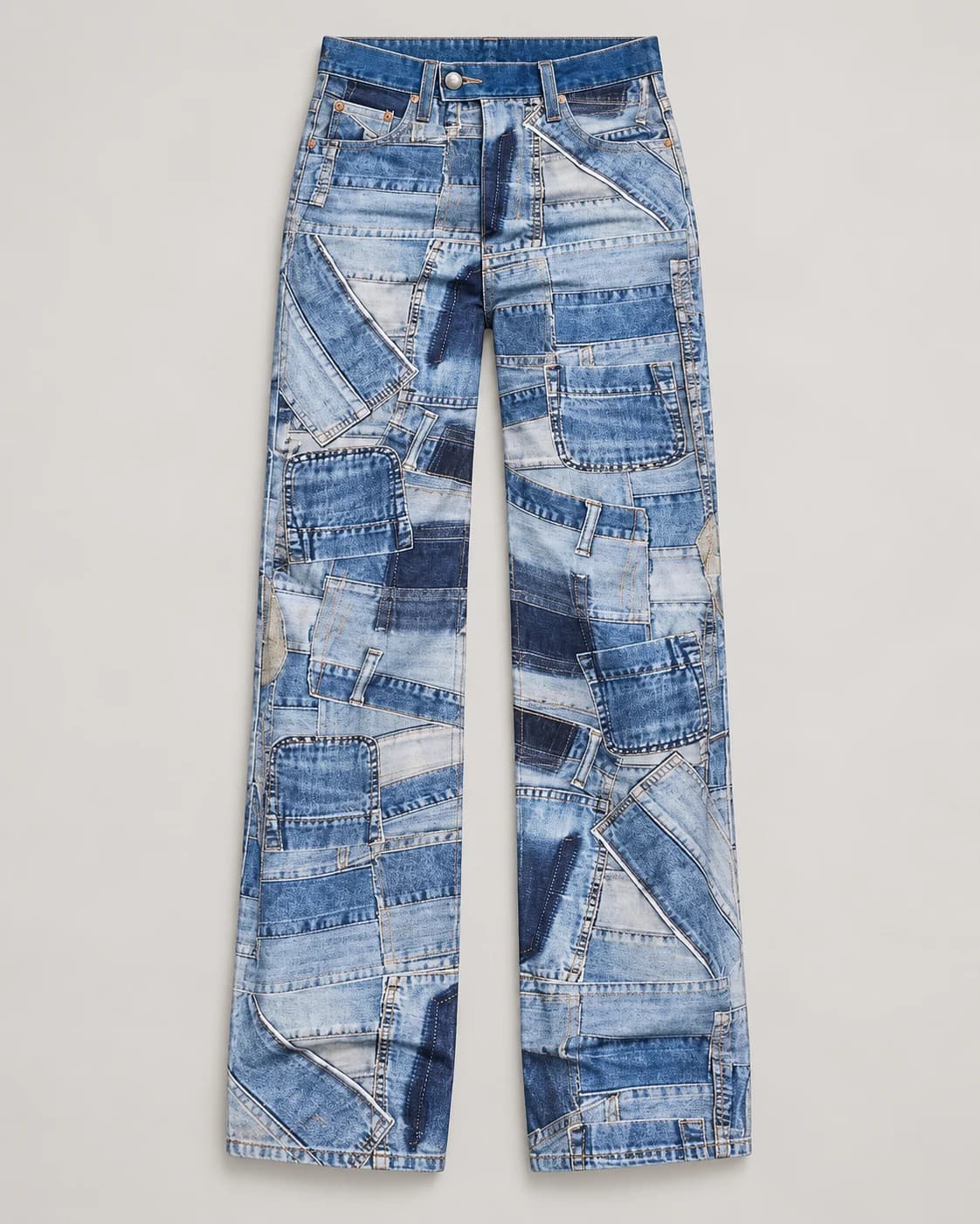 Digital Patchwork Print Wide-Leg Jeans · AI custom design visualization