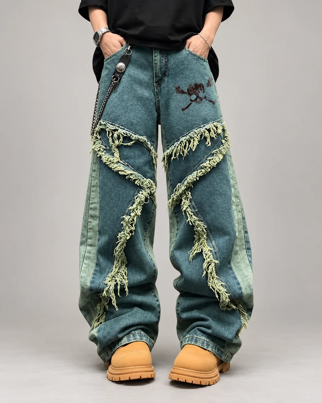 Blue-Green Frayed-Panel Wide-Leg Jeans · AI custom design visualization