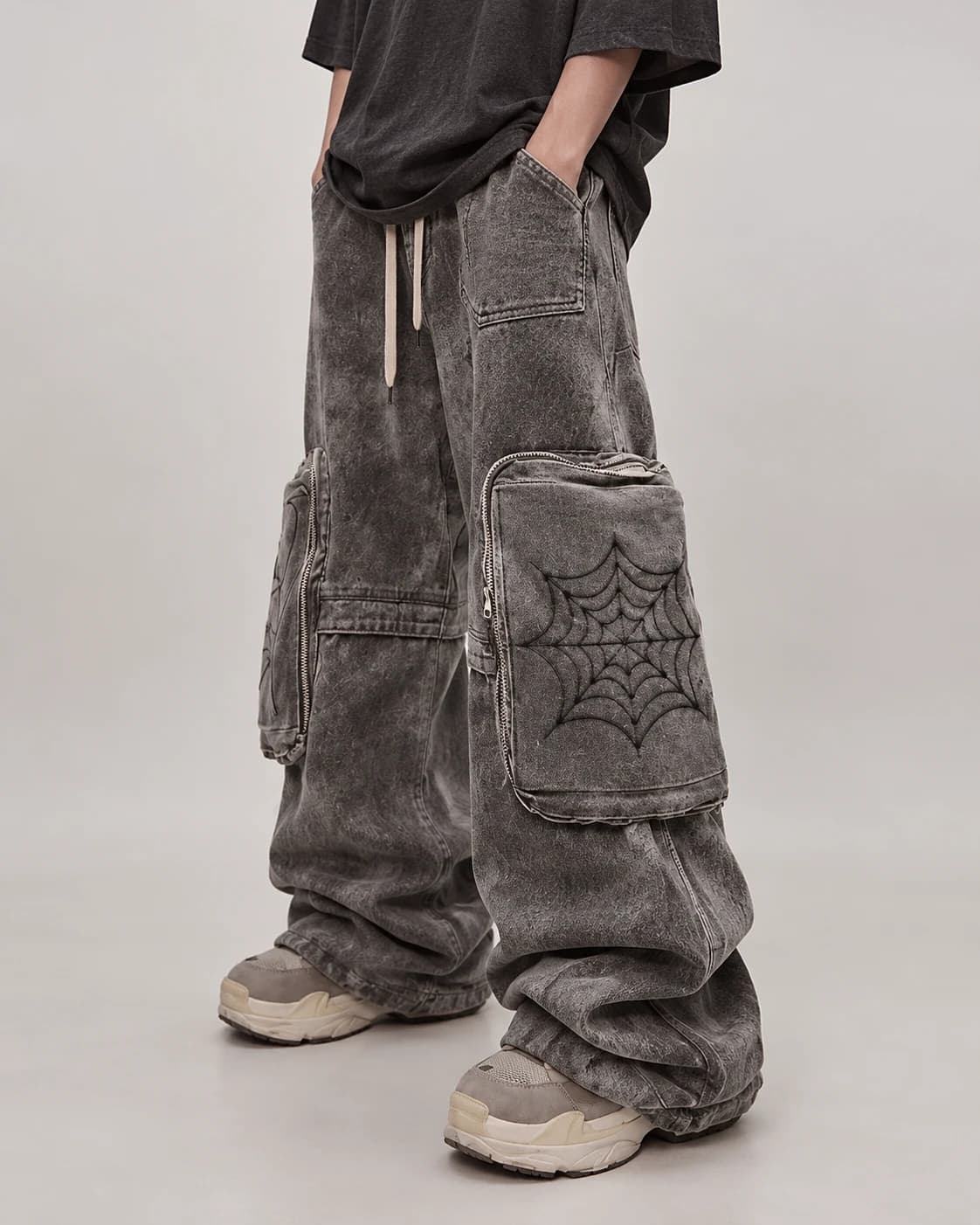Grey Spiderweb-Pocket Utility Jeans · AI custom design visualization