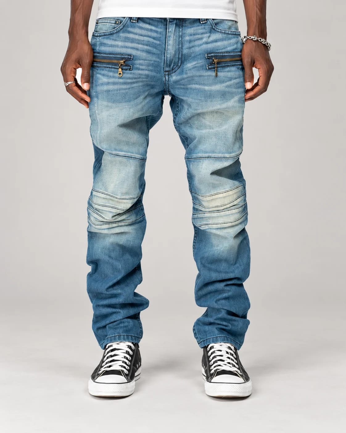 Blue Articulated-Panel Biker Jeans · AI custom design visualization