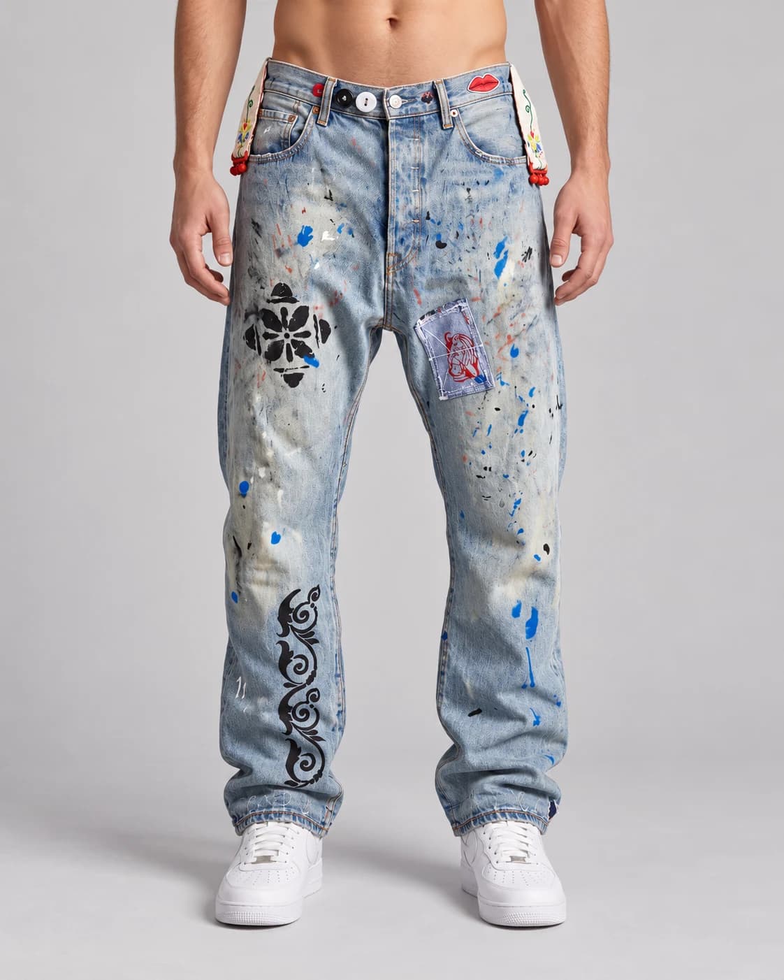 Painted Patchwork Drop-Crotch Jeans · AI custom design visualization