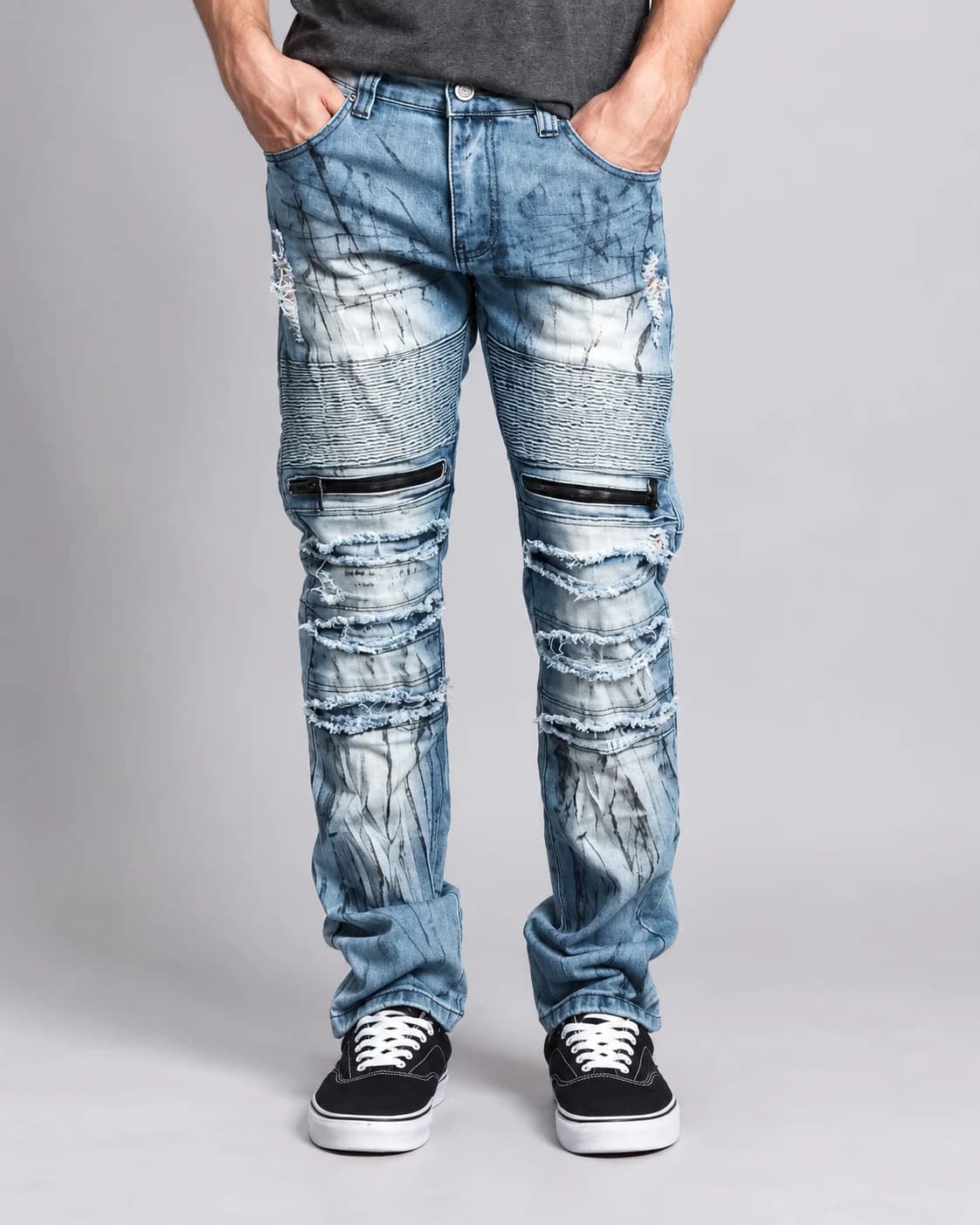 Ice-Blue Zip-Panel Biker Jeans · AI custom design visualization