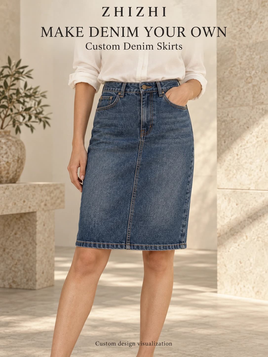 Women's Indigo Knee-Length Denim Skirt — Custom Enquiry · AI custom design visualization