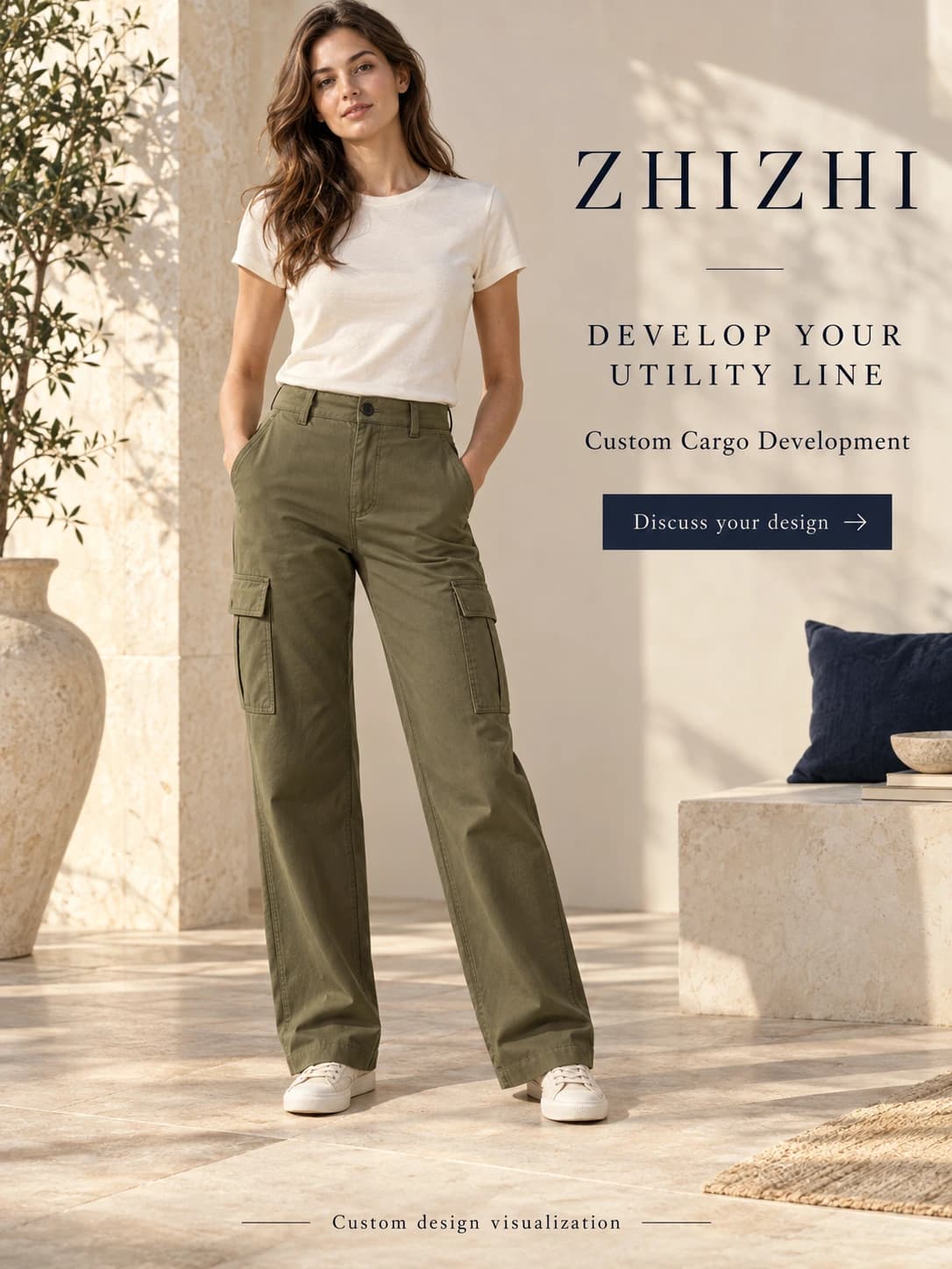 Custom Women’s Straight-Leg Twill Cargo Concept · AI custom design visualization