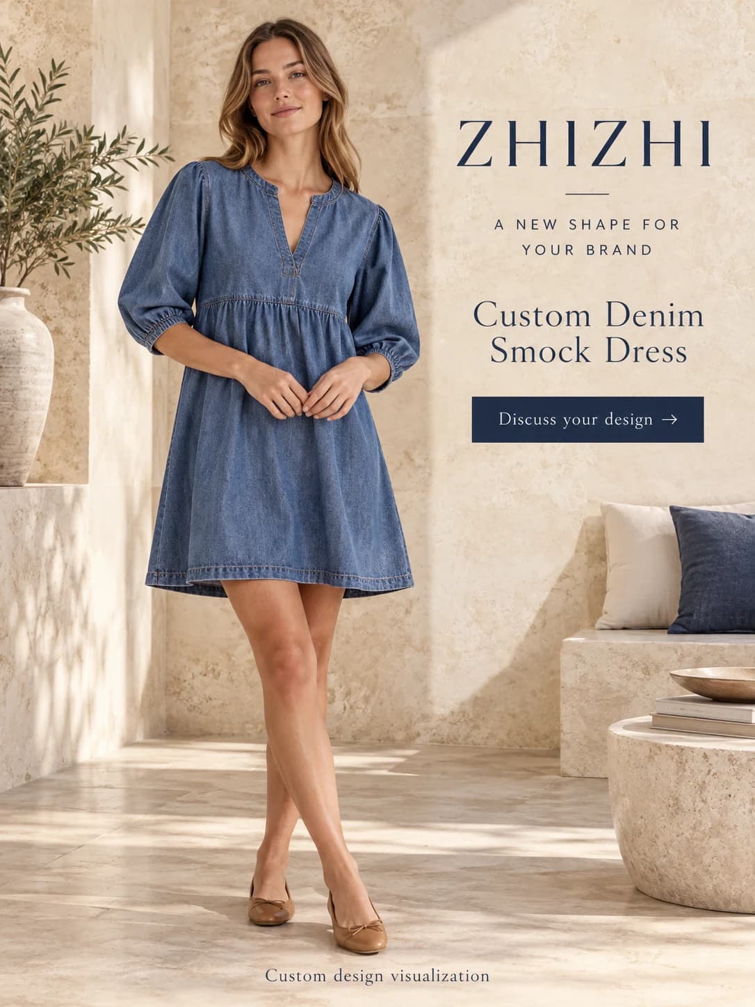 Custom Women’s Gathered-Sleeve Denim Dress · AI custom design visualization