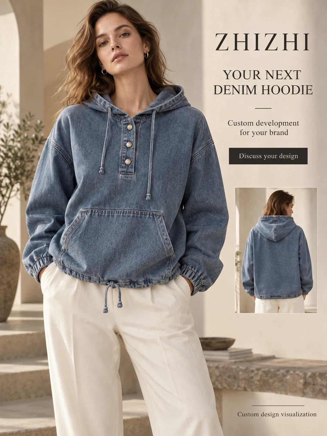 Custom Women’s Half-Button Denim Hoodie · AI custom design visualization