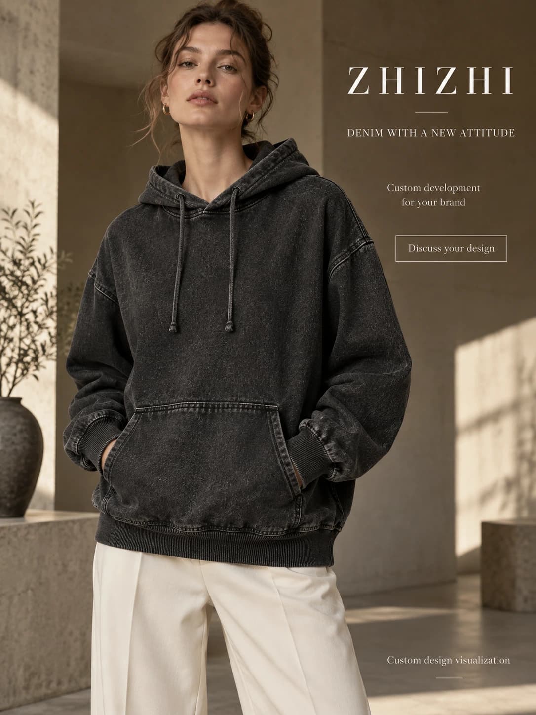 Custom Women’s Charcoal Pullover Denim Hoodie · AI custom design visualization