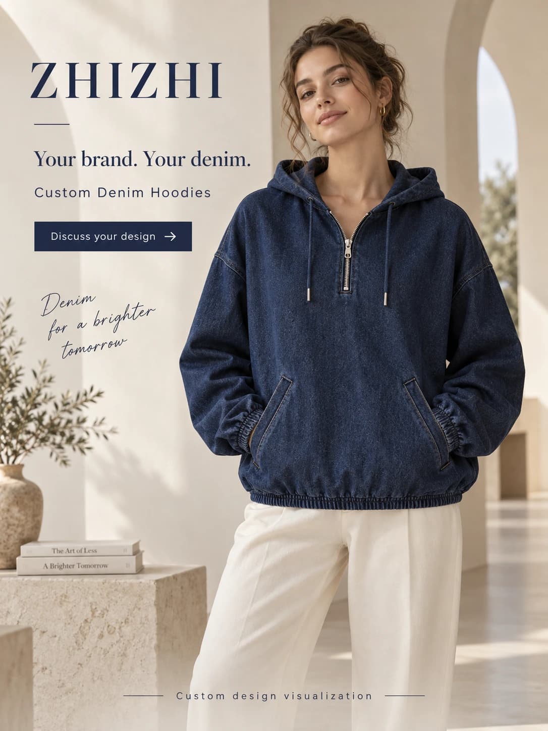 Custom Women’s Roomy Indigo Denim Hoodie · AI custom design visualization