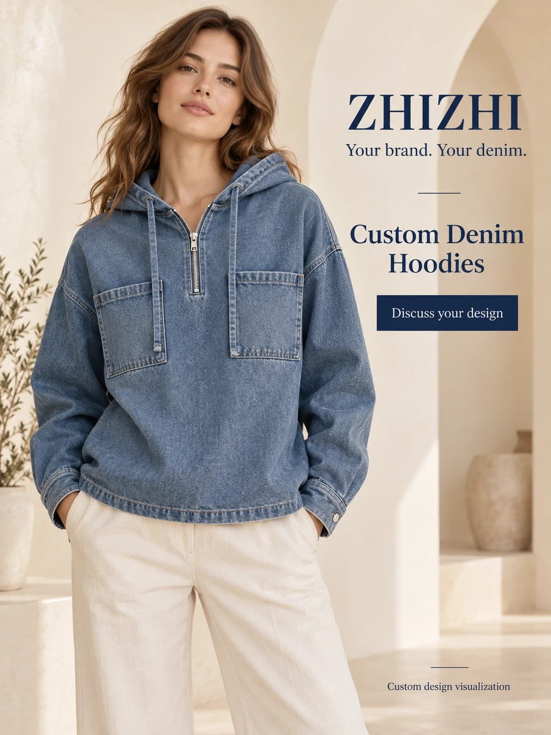 Custom Women’s Twin-Pocket Denim Hoodie · AI custom design visualization