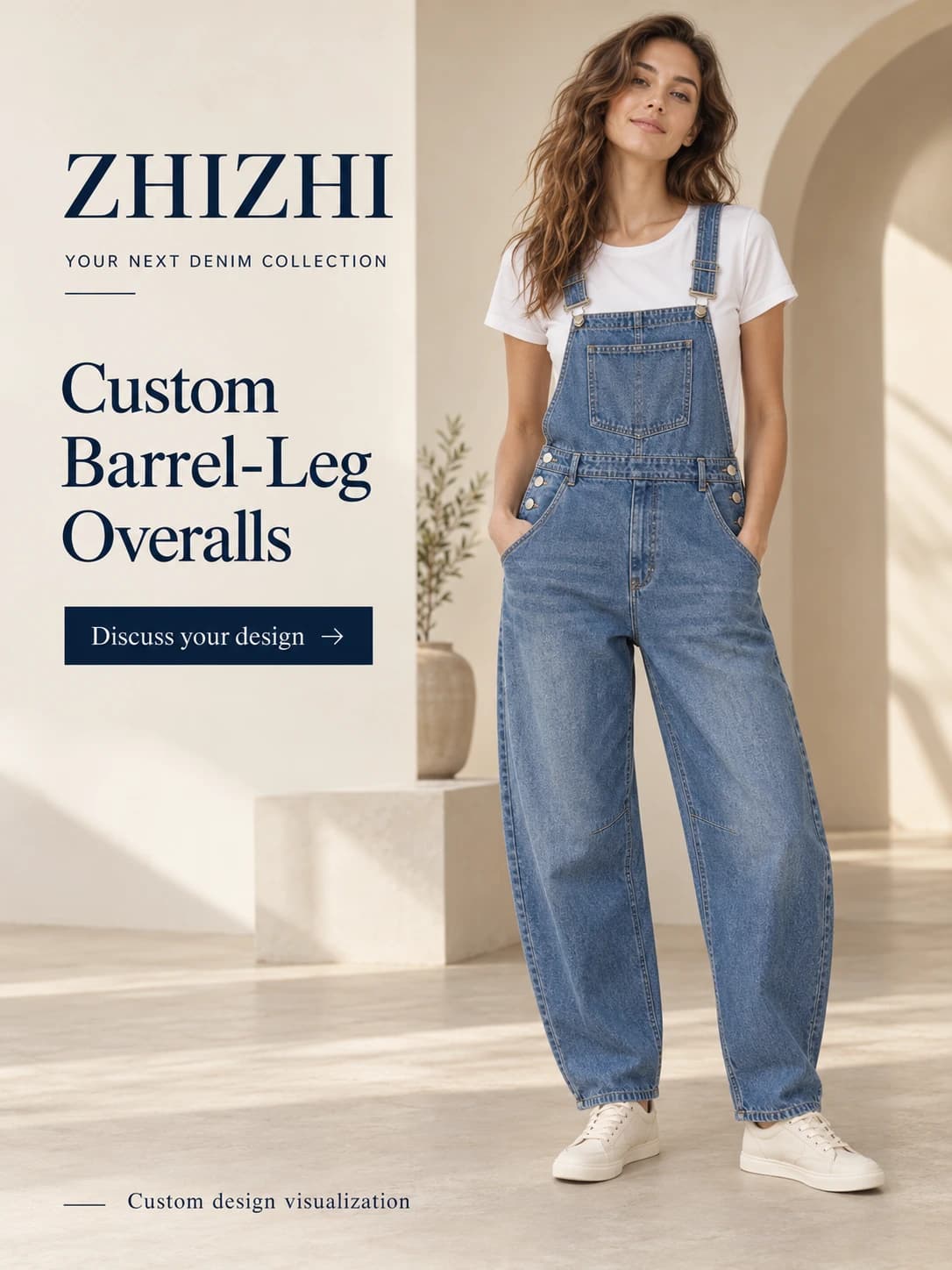 Women’s Blue Barrel-Leg Denim Overalls for Custom Development · AI custom design visualization
