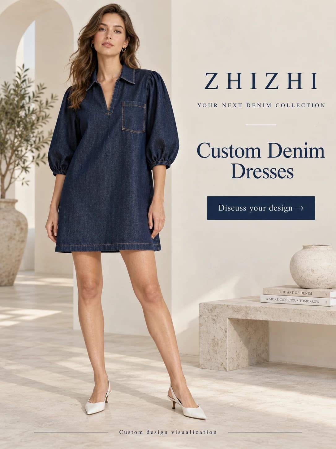 Women's Indigo Puff Sleeve Denim Dress Custom Development · AI custom design visualization