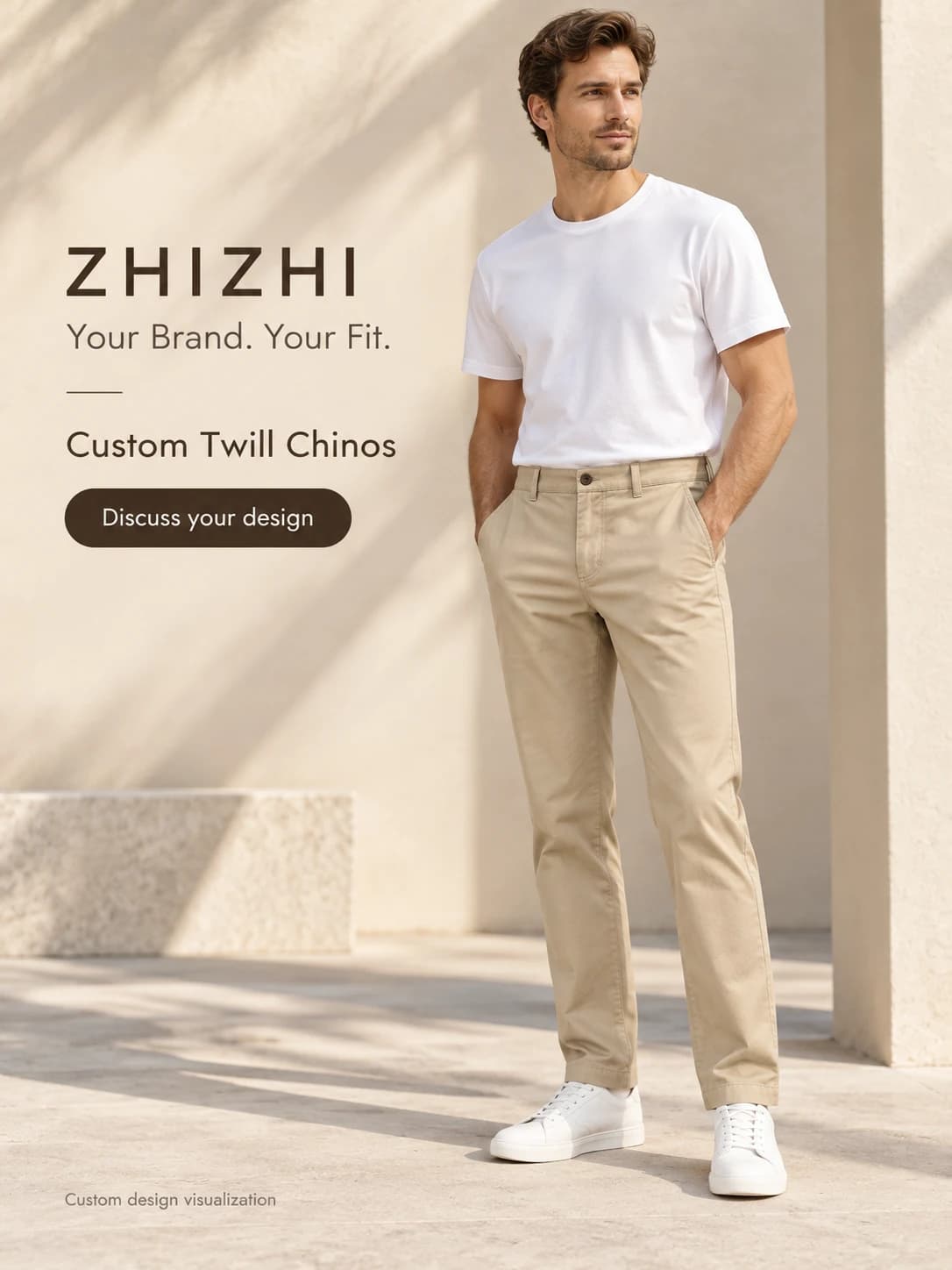Men’s Khaki Twill Chinos Custom Development · AI custom design visualization