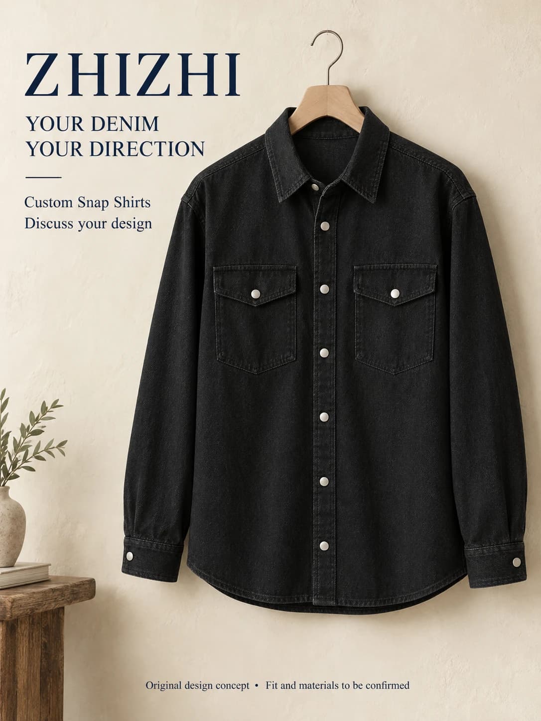 Unisex Black Snap Denim Shirt Custom Development · AI custom design visualization