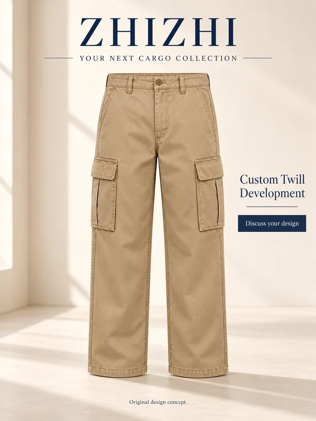 Unisex Khaki Straight-Leg Cargo Twill Trouser Development · AI custom design visualization