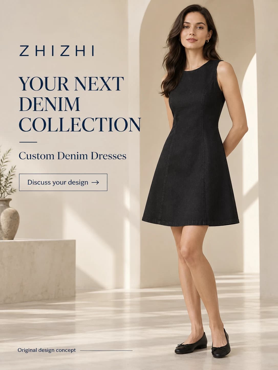 Women’s Black Sleeveless Panel Denim Dress Development · AI custom design visualization
