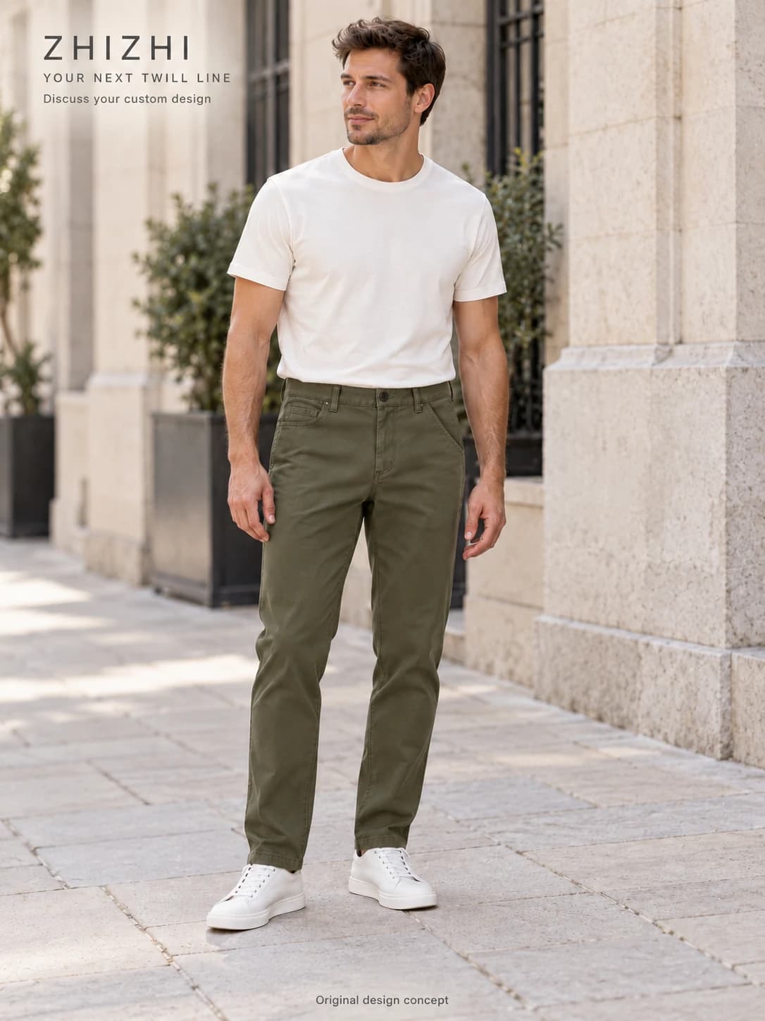 Custom Men’s Olive Five-Pocket Twill Trousers · AI custom design visualization