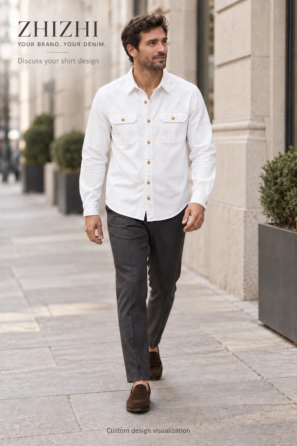 Custom Men's White Flap-Pocket Denim Shirt · AI custom design visualization