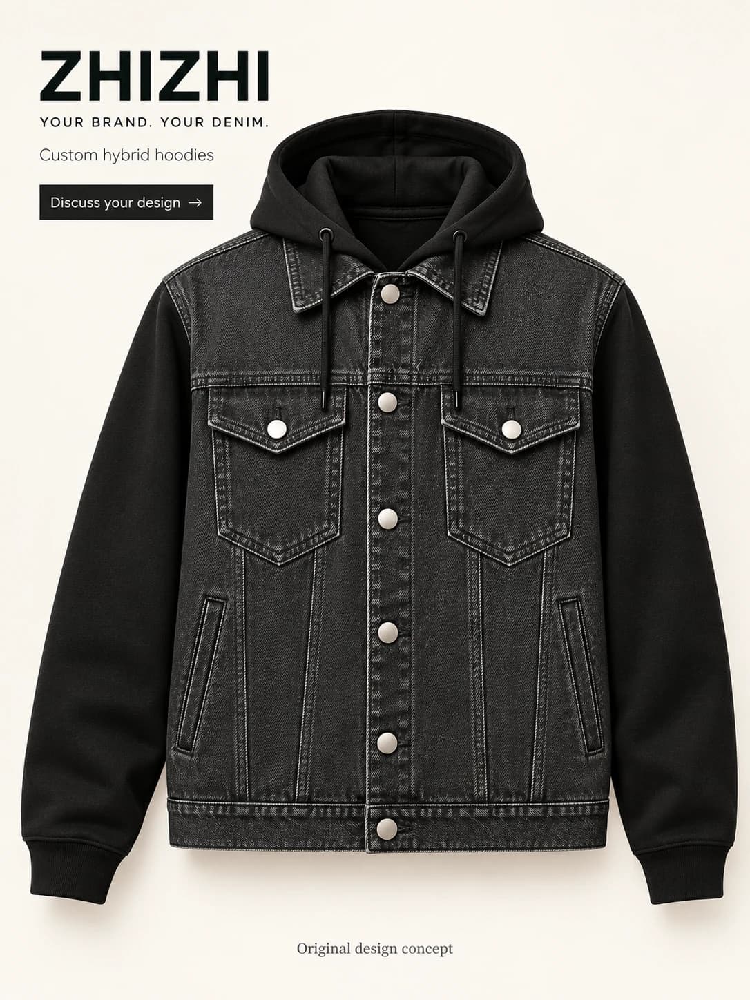 Custom Unisex Charcoal Hybrid Denim Hoodie Jacket · AI custom design visualization