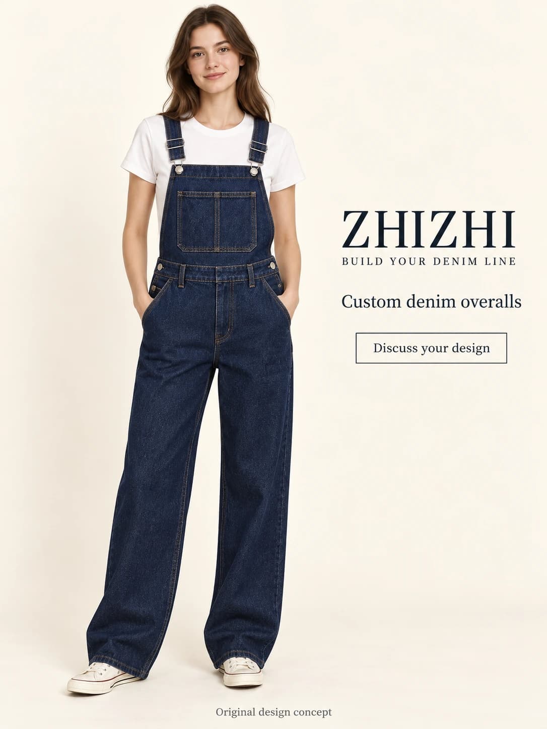Custom Women’s Dark Indigo Wide-Leg Bib Overalls · AI custom design visualization